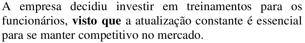Alternativa a: A empresa decidiu investir em treinamentos para os funcionários, visto que a atualização constante é essencial para se manter competitivo no mercado. Em negrito: visto que