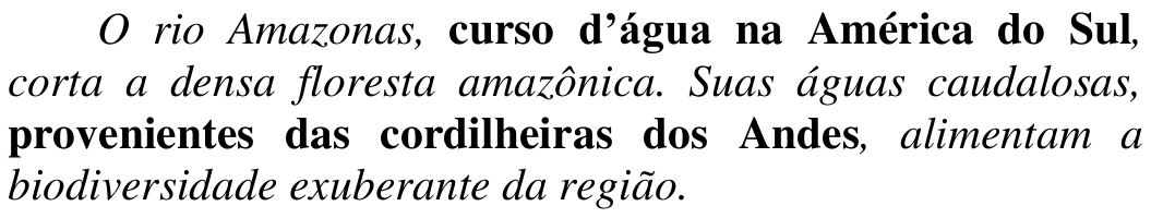 Período: O rio Amazonas, curso d’água na América do Sul, corta a densa floresta amazônica. Suas águas caudalosas, provenientes das cordilheiras dos Andes, alimentam a biodiversidade exuberante da região. Em negrito: “curso d’água na América do Sul” e “provenientes das cordilheiras dos Andes”; o restante em itálico.
