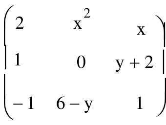 Matriz 3×3 com linhas: (2, x², x); (1, 0, y + 2); (−1, 6 − y, 1).