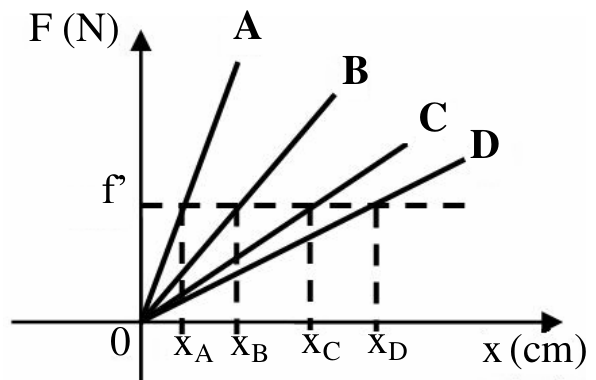 Gráfico F (N) × x (cm) com quatro retas partindo da origem 0, rotuladas A (mais inclinada), B, C e D (menos inclinada). Uma linha tracejada horizontal no nível f’ cruza as retas nos alongamentos xA, xB, xC e xD, marcados no eixo x em ordem crescente.