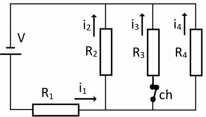Fonte V em série com R₁ (corrente i₁) alimentando três ramos em paralelo: R₂ (corrente i₂), R₃ em série com a chave ch (corrente i₃) e R₄ (corrente i₄).