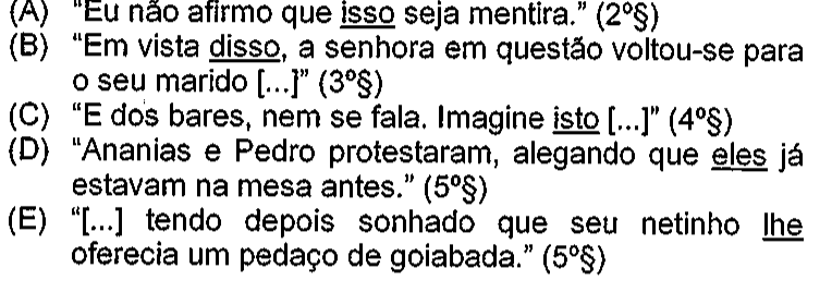 Alternativas da questão no original, com as palavras destacadas por sublinhado: (A) isso; (B) disso; (C) isto; (D) eles; (E) lhe.