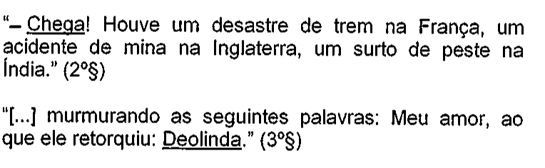 Trechos no original com os termos sublinhados: “Chega” no primeiro trecho e “Deolinda” no segundo.