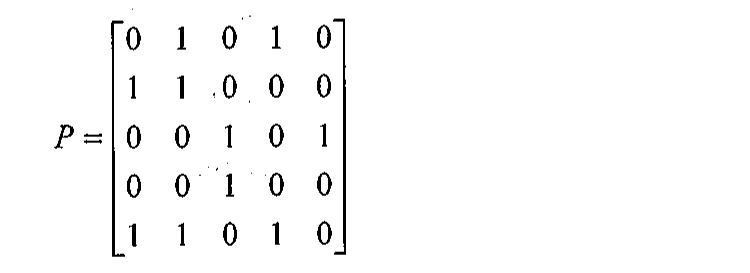Matriz P 5×5: linha 1: 0 1 0 1 0; linha 2: 1 1 0 0 0; linha 3: 0 0 1 0 1; linha 4: 0 0 1 0 0; linha 5: 1 1 0 1 0.