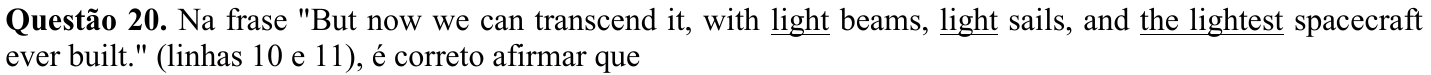 Frase citada na questão 20, como impressa, com “light” (duas vezes) e “the lightest” sublinhados.