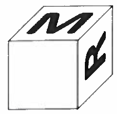 Cubo com a letra M na face superior, a face frontal em branco e a letra R na face lateral direita.
