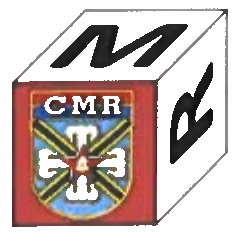 Cubo com a letra M na face superior, o brasão do CMR na face frontal e a letra R na face lateral direita.