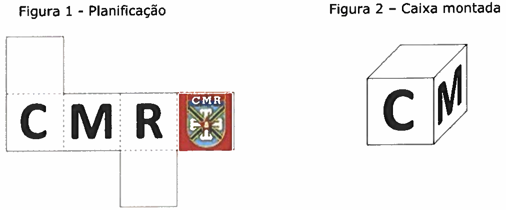 Figura 1 – Planificação: seis quadrados; na fileira central, da esquerda para a direita, faces com as letras C, M, R e o brasão do CMR (fundo vermelho); um quadrado em branco acima do C e outro em branco abaixo do R; linhas tracejadas nas dobras. Figura 2 – Caixa montada: cubo com a letra C na face frontal e a letra M na face lateral direita.