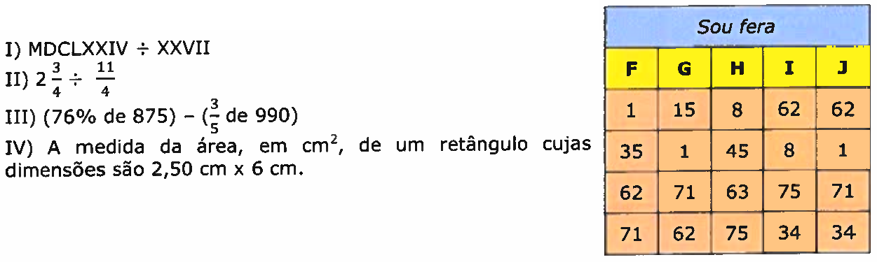 Exercícios: I) MDCLXXIV ÷ XXVII; II) 2 3/4 ÷ 11/4 (dois inteiros e três quartos dividido por onze quartos); III) (76% de 875) − (3/5 de 990); IV) A medida da área, em cm², de um retângulo cujas dimensões são 2,50 cm x 6 cm. Tabela “Sou fera”, colunas F, G, H, I, J: F = 1, 35, 62, 71; G = 15, 1, 71, 62; H = 8, 45, 63, 75; I = 62, 8, 75, 34; J = 62, 1, 71, 34.