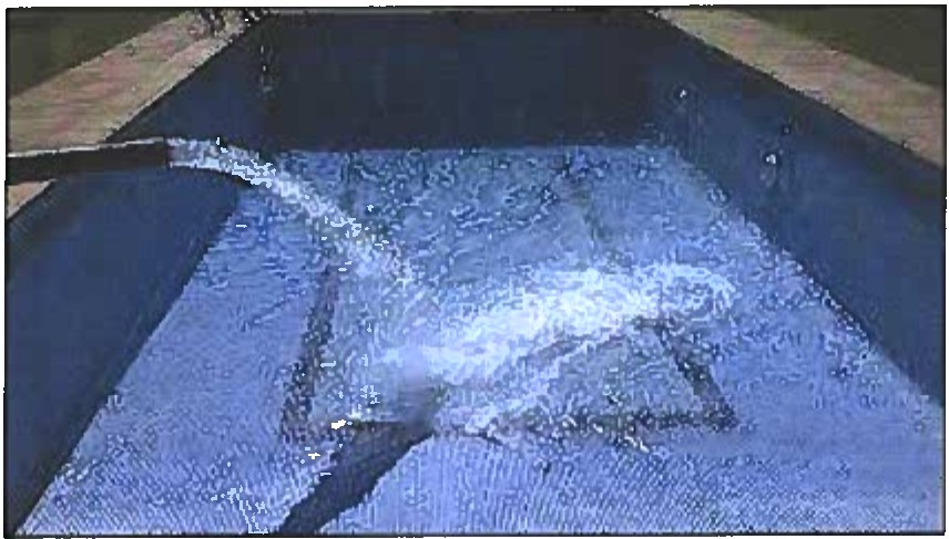 Fotografia de uma piscina retangular vazia, de revestimento azul, sendo enchida por uma mangueira.