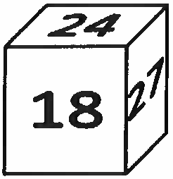 Cubo (dado) com o número 18 na face frontal, 24 na face superior e 27 na face lateral direita.