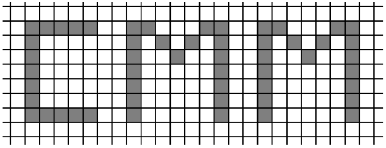 Malha quadriculada com as letras C, M e M formadas por quadradinhos pintados de cinza. O C tem uma linha superior e uma inferior de 5 quadradinhos ligadas por uma coluna vertical à esquerda; cada M tem duas colunas verticais de 7 quadradinhos ligadas por quadradinhos em diagonal que descem até o centro.