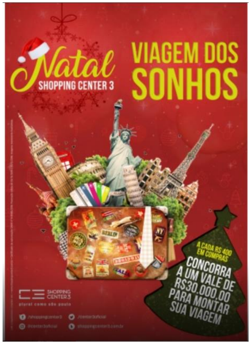 Cartaz publicitário em fundo vermelho natalino: “Natal SHOPPING CENTER 3” (com gorro de Papai Noel) e “VIAGEM DOS SONHOS”. Ao centro, uma mala de viagem cheia de adesivos de cidades, da qual saem monumentos como o Big Ben, a Estátua da Liberdade, a Torre de Pisa e a Torre Eiffel. Numa árvore de Natal estilizada: “A CADA R$ 400 EM COMPRAS CONCORRA A UM VALE DE R$30.000,00 PARA MONTAR SUA VIAGEM”. Abaixo, à esquerda, o logotipo “SHOPPING CENTER 3 — plural como são paulo” e endereços de redes sociais.