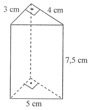 Figura: prisma de base triangular retângula, com catetos de 3 cm e 4 cm, hipotenusa de 5 cm e altura de 7,5 cm.