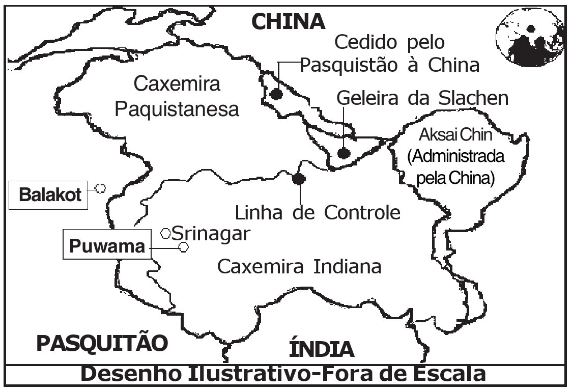 Mapa da região da Caxemira com as indicações China, Cedido pelo Pasquistão à China, Caxemira Paquistanesa, Geleira da Slachen, Aksai Chin (Administrada pela China), Linha de Controle, Balakot, Srinagar, Puwama, Caxemira Indiana, Pasquitão e Índia, além de pequeno globo de localização. Legenda: Desenho Ilustrativo-Fora de Escala.