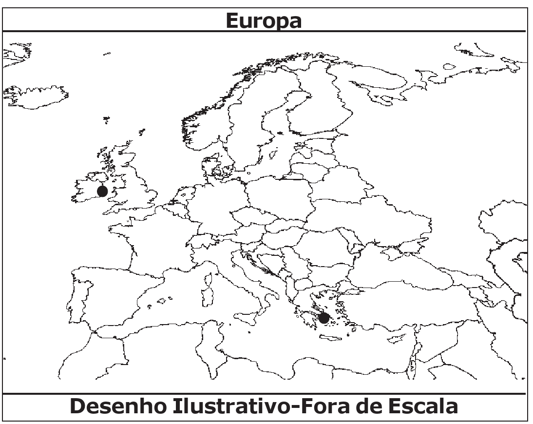 Mapa político da Europa intitulado Europa, com fronteiras em contorno e dois pontos assinalados: um na Irlanda e outro na Grécia. Legenda: Desenho Ilustrativo-Fora de Escala.