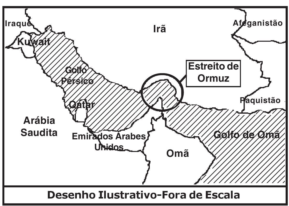 Mapa do Golfo Pérsico, hachurado, com as indicações Iraque, Kuwait, Irã, Afeganistão, Paquistão, Golfo Pérsico, Qatar, Arábia Saudita, Emirados Árabes Unidos, Omã e Golfo de Omã; um círculo destaca o Estreito de Ormuz. Legenda: Desenho Ilustrativo-Fora de Escala.