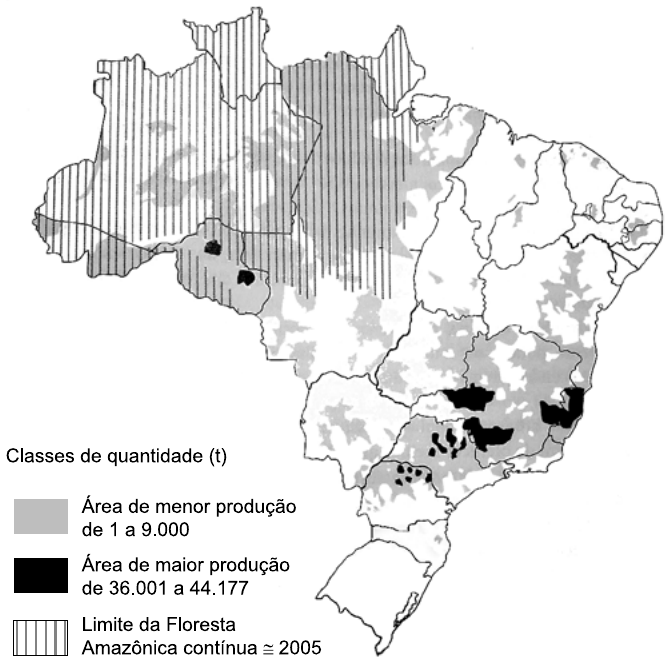 Mapa do Brasil com áreas produtoras de um cultivo agrícola. Legenda “Classes de quantidade (t)”: cinza = área de menor produção, de 1 a 9.000; preto = área de maior produção, de 36.001 a 44.177; hachura vertical = limite da Floresta Amazônica contínua ≅ 2005. As áreas pretas concentram-se em Minas Gerais, Espírito Santo, São Paulo, Paraná e em pequenos trechos de Rondônia.
