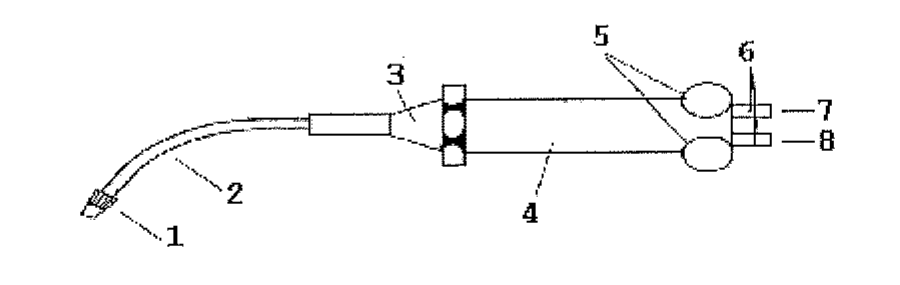 Desenho de um maçarico para soldagem a gás com partes numeradas de 1 a 8, da ponta curva até as duas conexões na extremidade traseira.