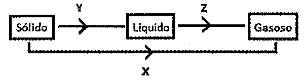 Esquema com três caixas: Sólido, Líquido e Gasoso. Seta Y de Sólido para Líquido, seta Z de Líquido para Gasoso e seta X de Sólido diretamente para Gasoso.