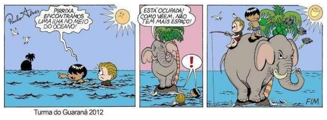 Tirinha da Turma do Guaraná em três quadrinhos. No primeiro, dois meninos nadando no mar; um deles aponta e diz: “Pirrixa, encontramos uma ilha no meio do oceano!”, com um sol ao fundo. No segundo, um elefante ocupa toda a pequena ilha e diz: “Está ocupada! Como vêem, não tem mais espaço!”, e os meninos na água aparecem com um balão contendo um ponto de exclamação. No terceiro, os dois meninos estão sentados sobre o elefante, um deles pescando, e o elefante tem expressão contrariada; o sol sorri; no canto, a palavra “FIM”. Abaixo, “Turma do Guaraná 2012”.