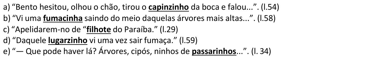 Alternativas da questão 09 com as palavras no diminutivo destacadas em negrito sublinhado: capinzinho, fumacinha, filhote, lugarzinho e passarinhos.
