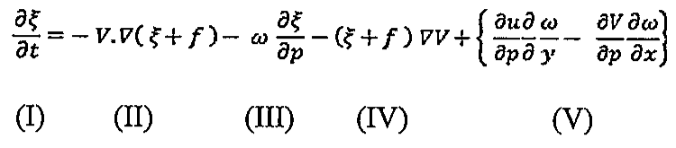 Equação da vorticidade em coordenadas de pressão, com cinco termos identificados por (I) a (V).