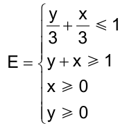 Sistema de inequações que define E: y/3 + x/3 ≤ 1; y + x ≥ 1; x ≥ 0; y ≥ 0.