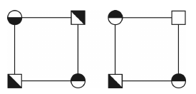Par de figuras quadradas com círculos e quadrados pequenos nos vértices, com preenchimentos parciais em orientações específicas.