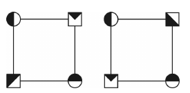 Par de figuras quadradas com círculos e quadrados pequenos nos vértices, com preenchimentos parciais em orientações específicas.