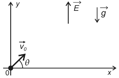 Eixos x e y; partícula na origem com velocidade v0 formando ângulo θ com o eixo x. O campo elétrico E aponta para cima e o campo gravitacional g para baixo.