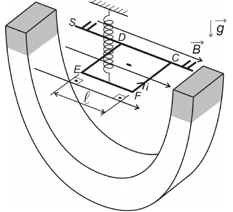 Ímã em forma de U com campo B horizontal entre os polos. Espira quadrada CDEF horizontal, com o lado CD apoiado no suporte S e o lado EF preso a uma mola vertical fixa no teto; ℓ indica o comprimento do lado; i é a corrente; g aponta para baixo.