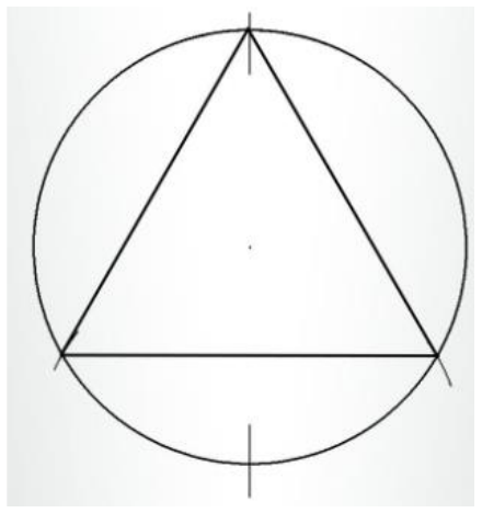 Circunferência com um triângulo equilátero inscrito, com um vértice no topo e a base horizontal na parte inferior.
