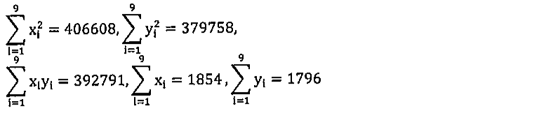 Dados da questão: somatórios de i=1 a 9 de x ao quadrado, y ao quadrado, x vezes y, x e y, com seus respectivos valores numéricos.