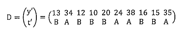 Matriz D formada pelos vetores transpostos y e t: primeira linha com as rendas 13, 34, 12, 10, 20, 24, 38, 16, 15, 35 e segunda linha com os códigos de região B, A, B, B, B, A, A, B, B, A.