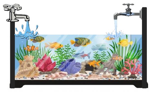 Ilustração de um aquário com peixes e plantas, com duas torneiras abertas despejando água.