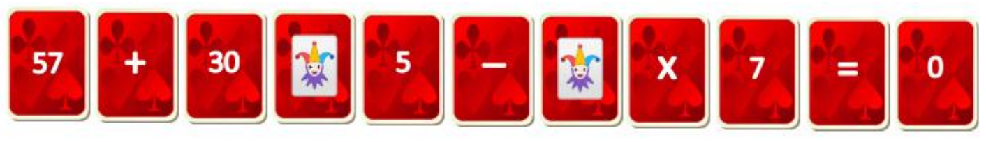 Sequência de cartas de baralho vermelhas formando a expressão: 57, +, 30, carta de curinga, 5, −, carta de curinga, X, 7, =, 0.