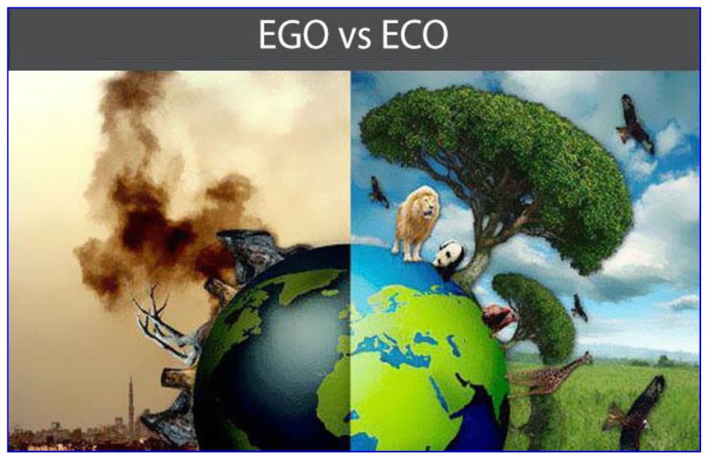 Imagem com o título “EGO vs ECO”: um globo terrestre dividido ao meio; à esquerda, cidade com chaminés soltando fumaça escura e árvores secas; à direita, natureza verde com árvore frondosa, leão, panda, girafa e aves.