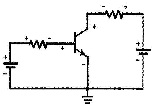 Circuito com transistor bipolar: fonte à esquerda ligada por resistor à base; coletor ligado por resistor a uma segunda fonte à direita; emissor ligado ao terra comum às duas fontes; seta do emissor apontando para fora.