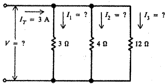 Circuito paralelo com corrente total IT = 3 A, tensão V desconhecida e resistores de 3 Ω, 4 Ω e 12 Ω com correntes I1, I2 e I3 desconhecidas.