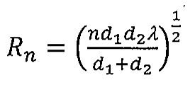 Fórmula: R_n = (n d1 d2 λ / (d1 + d2)) elevado a 1/2.