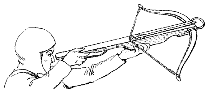 Desenho de um soldado com capacete mirando uma besta (arco montado sobre uma coronha).