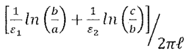 Expressão da alternativa A: soma de (1/ε1)·ln(b/a) e (1/ε2)·ln(c/b), dividida por 2πℓ.