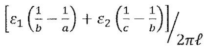 Expressão da alternativa B: soma de ε1(1/b − 1/a) e ε2(1/c − 1/b), dividida por 2πℓ.