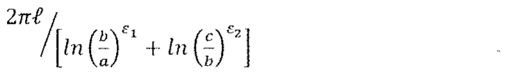 Expressão da alternativa D: 2πℓ dividido pela soma de ln de (b/a) elevado a ε1 e ln de (c/b) elevado a ε2.