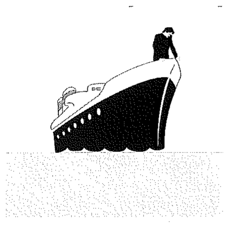 Marinheiro de pé na proa de um navio, olhando para a água.