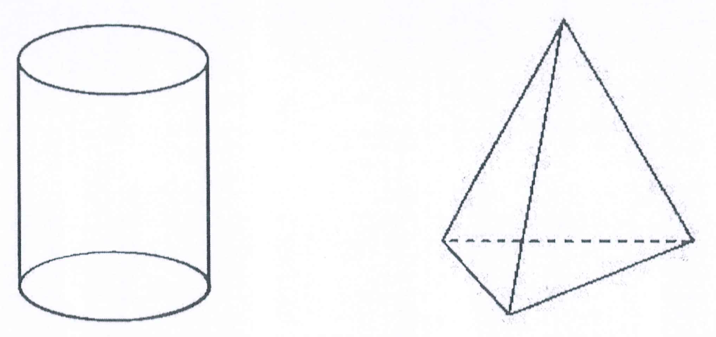 Desenho de um cilindro e de uma pirâmide de base triangular.