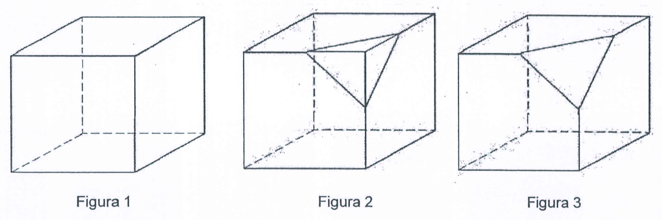 Figura 1: cubo. Figura 2: o mesmo cubo com um canto marcado por um corte triangular. Figura 3: o sólido resultante, com o canto removido e uma face triangular no lugar.