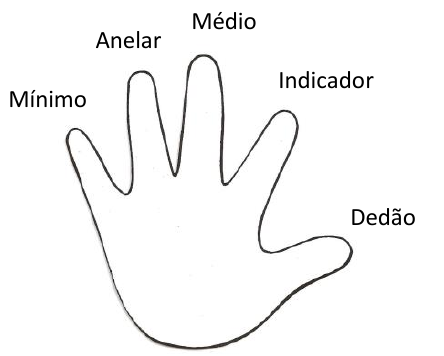 Desenho do contorno de uma mão com os dedos identificados: Mínimo, Anelar, Médio, Indicador e Dedão.