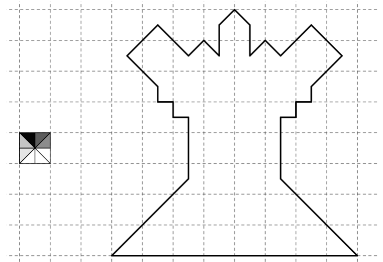 Malha quadriculada tracejada com o contorno de um boneco em forma de torre, com lados formados por segmentos horizontais, verticais e diagonais. À esquerda, um quadrado de uma unidade da malha dividido pelas diagonais e pelas medianas em 8 triângulos iguais, alguns sombreados.